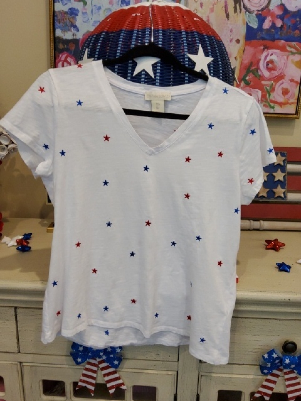 Cynthia Rowley Red & Blue Stars White V-Neck Tee